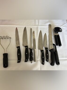 Black Handle Knife Set with Honing Steel - Stainless Blades 10 pcs set